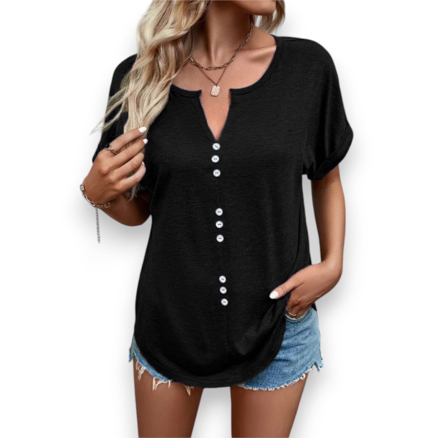 Blusa Estiva con Scollo a V e Maniche Corte con Bottoni - Etnicool