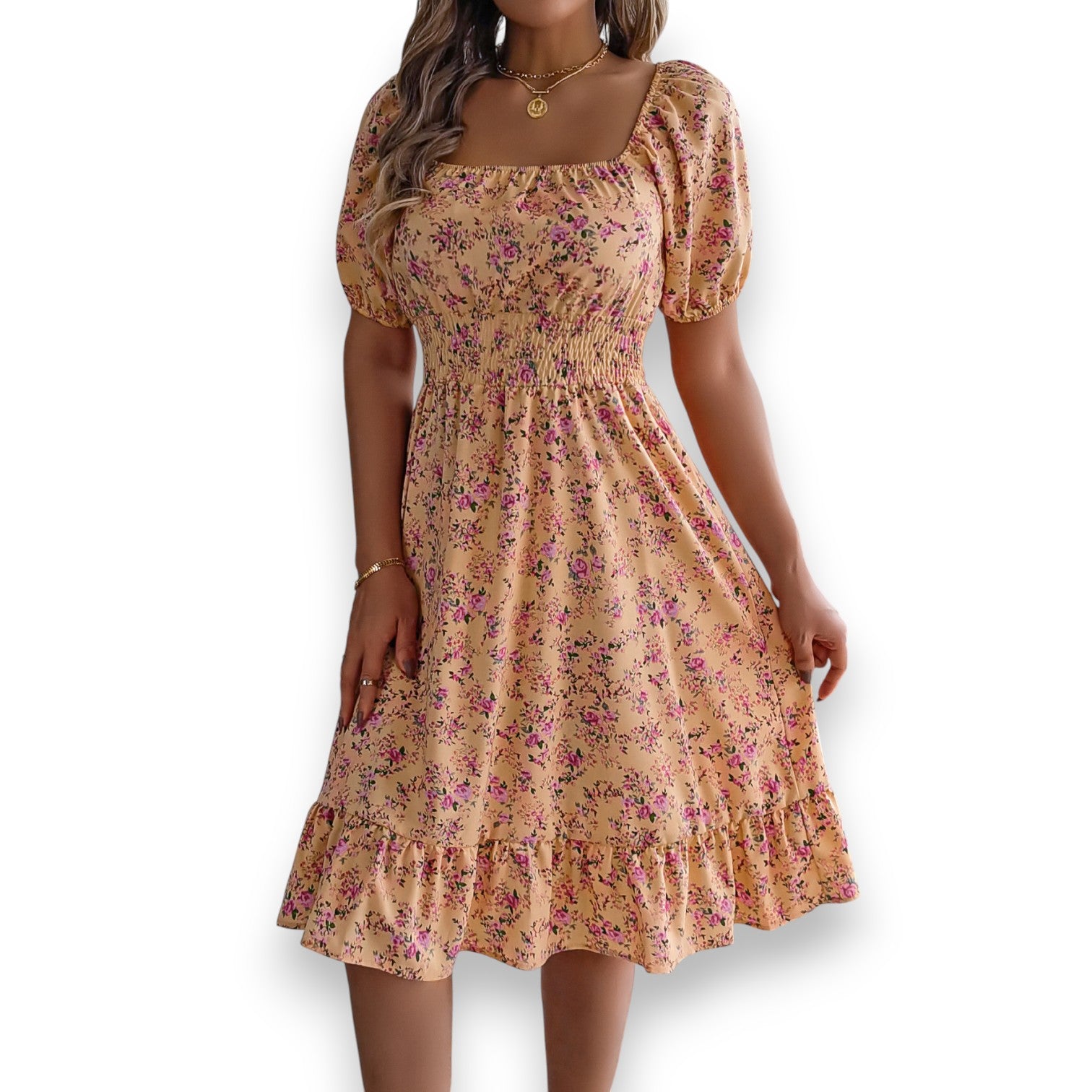 Vestido Floral con Cuello Cuadrado y Volantes