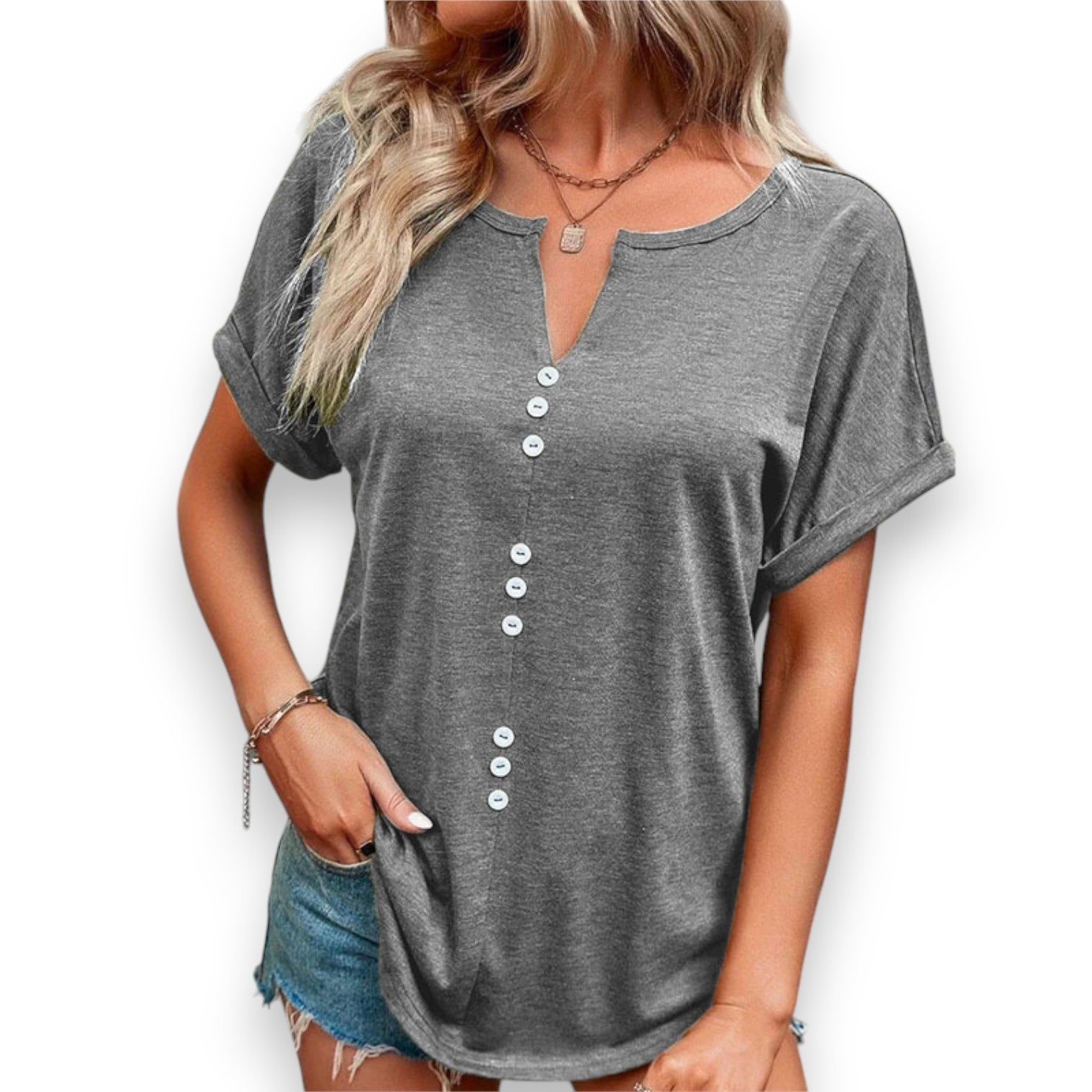 Blusa Estiva con Scollo a V e Maniche Corte con Bottoni - Etnicool