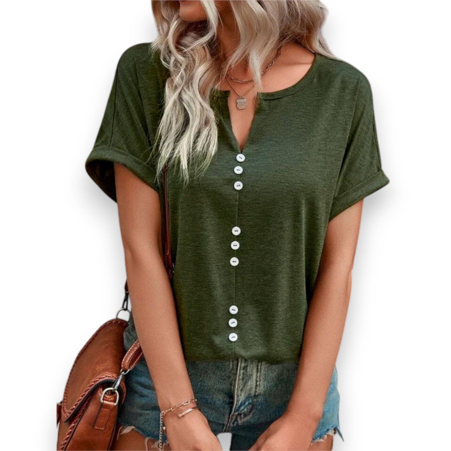 Blusa Estiva con Scollo a V e Maniche Corte con Bottoni - Etnicool