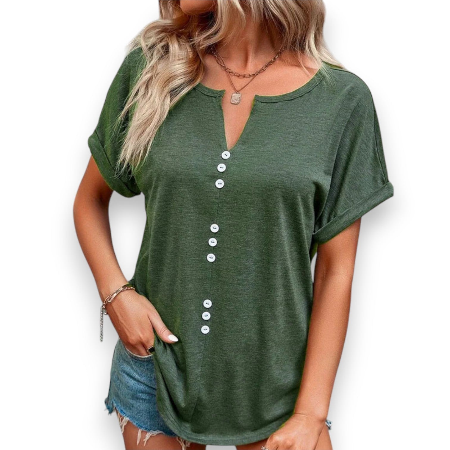 Blusa Estiva con Scollo a V e Maniche Corte con Bottoni - Etnicool