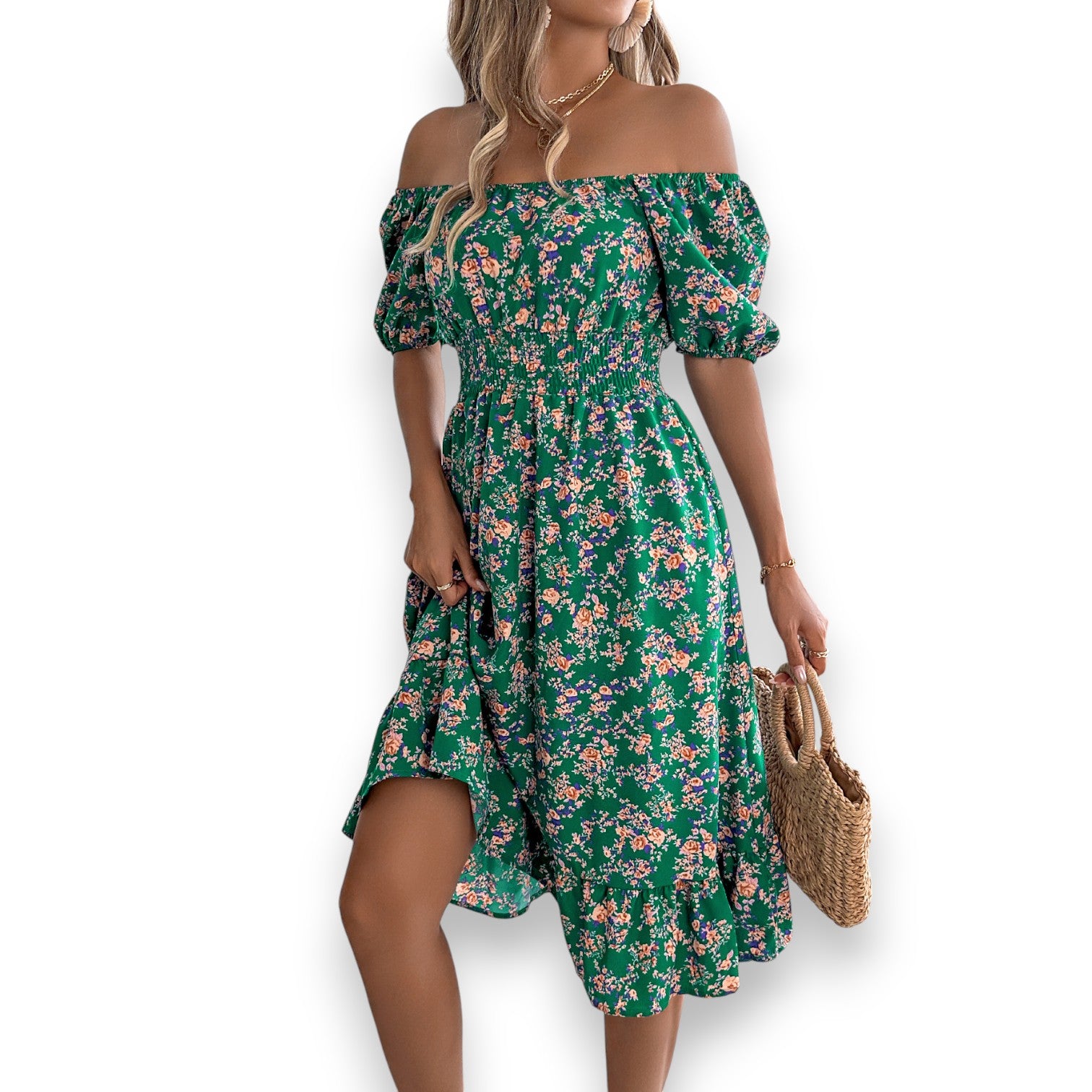 Vestido Floral con Cuello Cuadrado y Volantes
