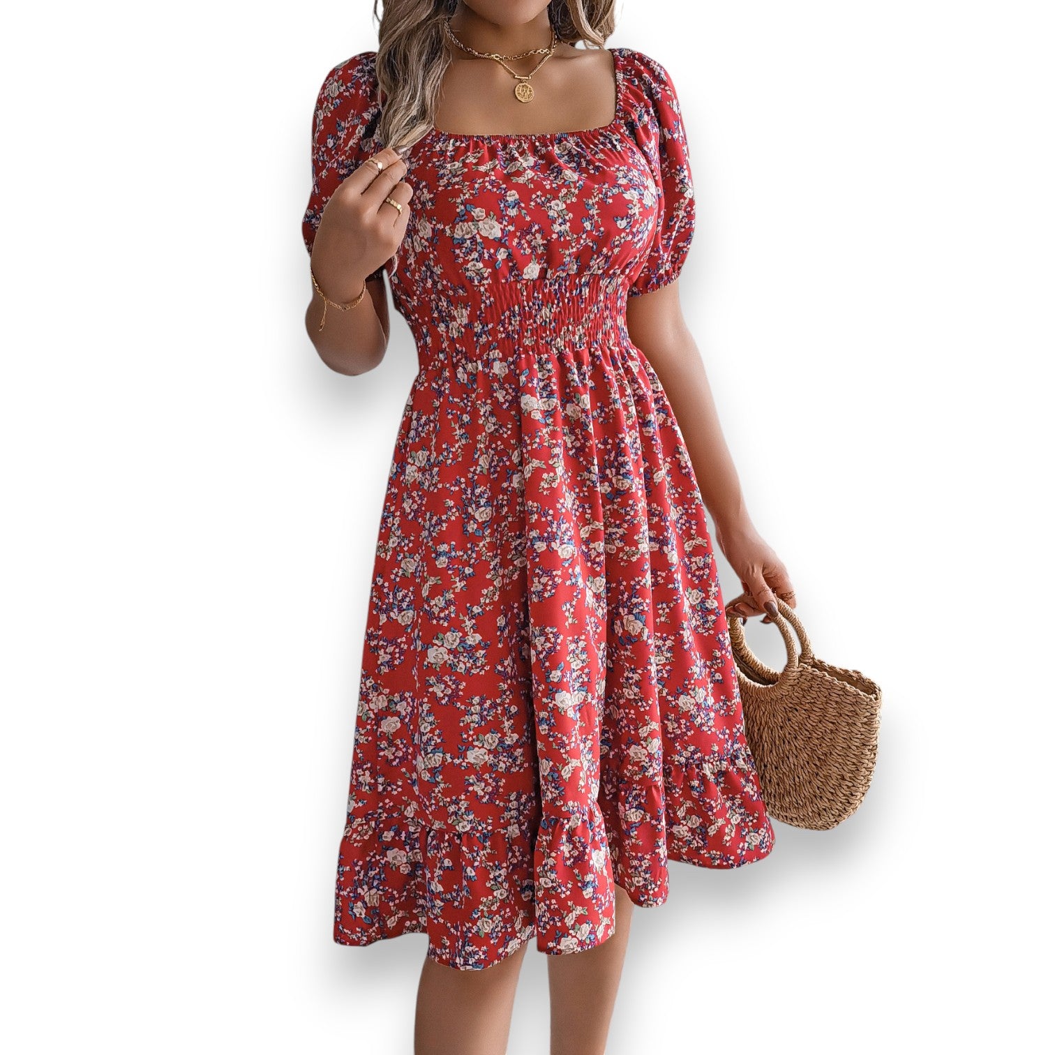 Vestido Floral con Cuello Cuadrado y Volantes