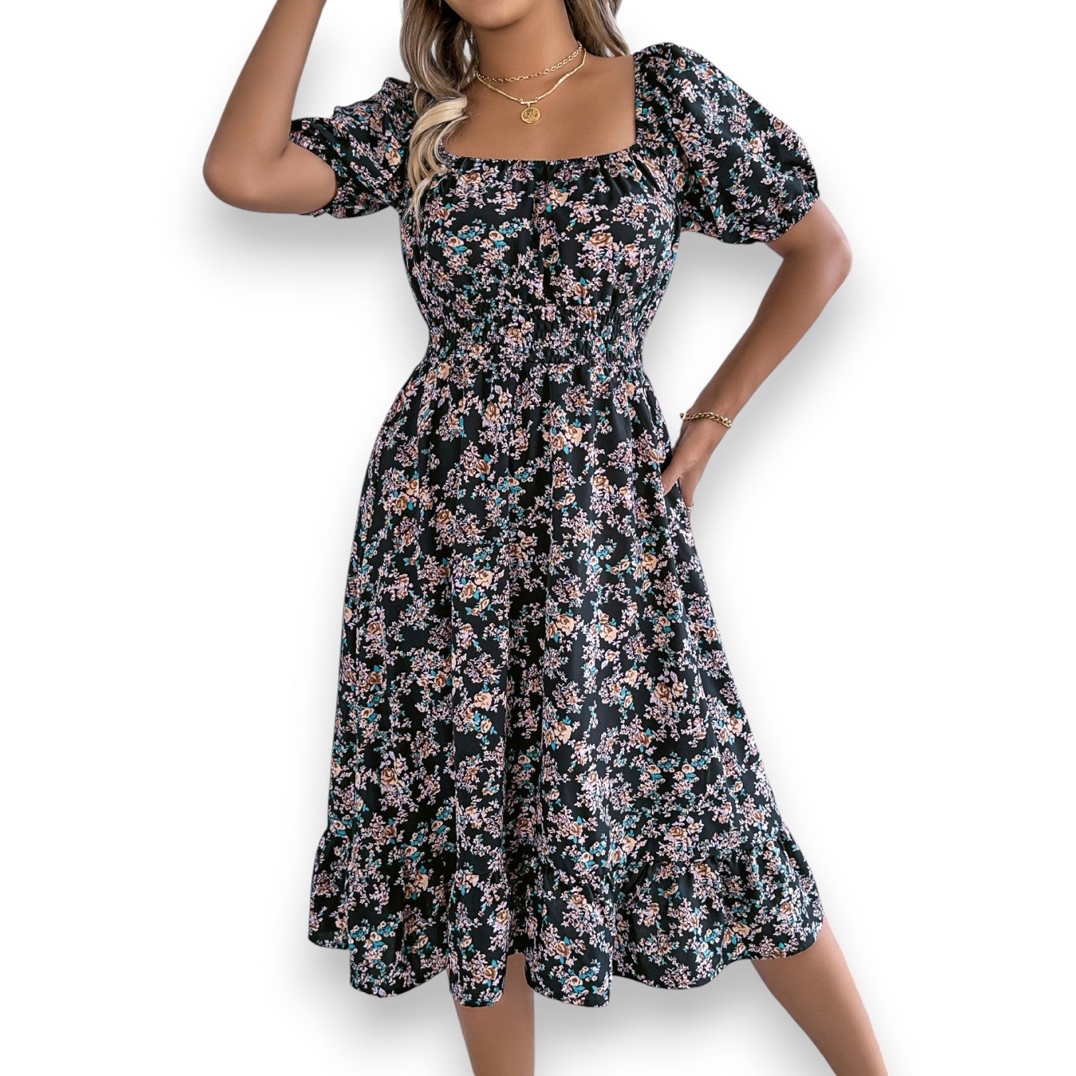 Vestido Floral con Cuello Cuadrado y Volantes