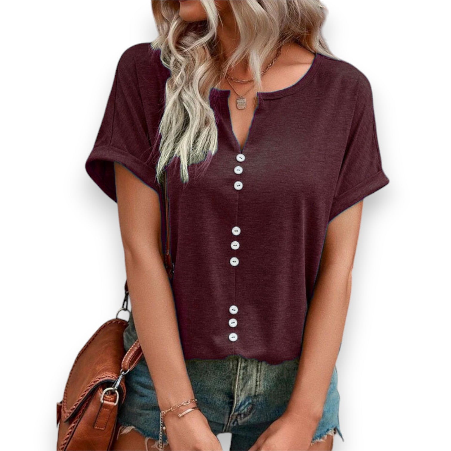 Blusa Estiva con Scollo a V e Maniche Corte con Bottoni - Etnicool