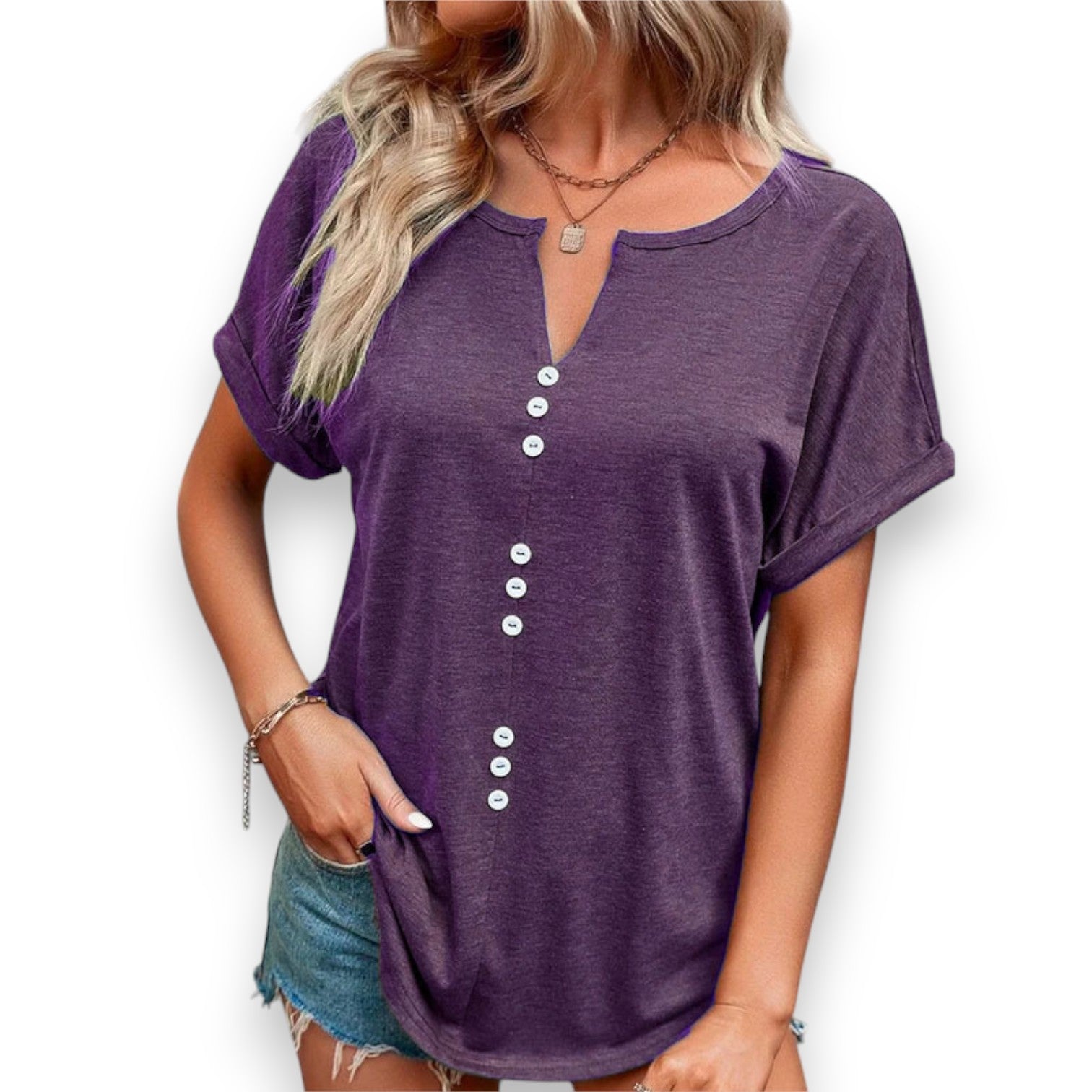 Blusa Estiva con Scollo a V e Maniche Corte con Bottoni - Etnicool