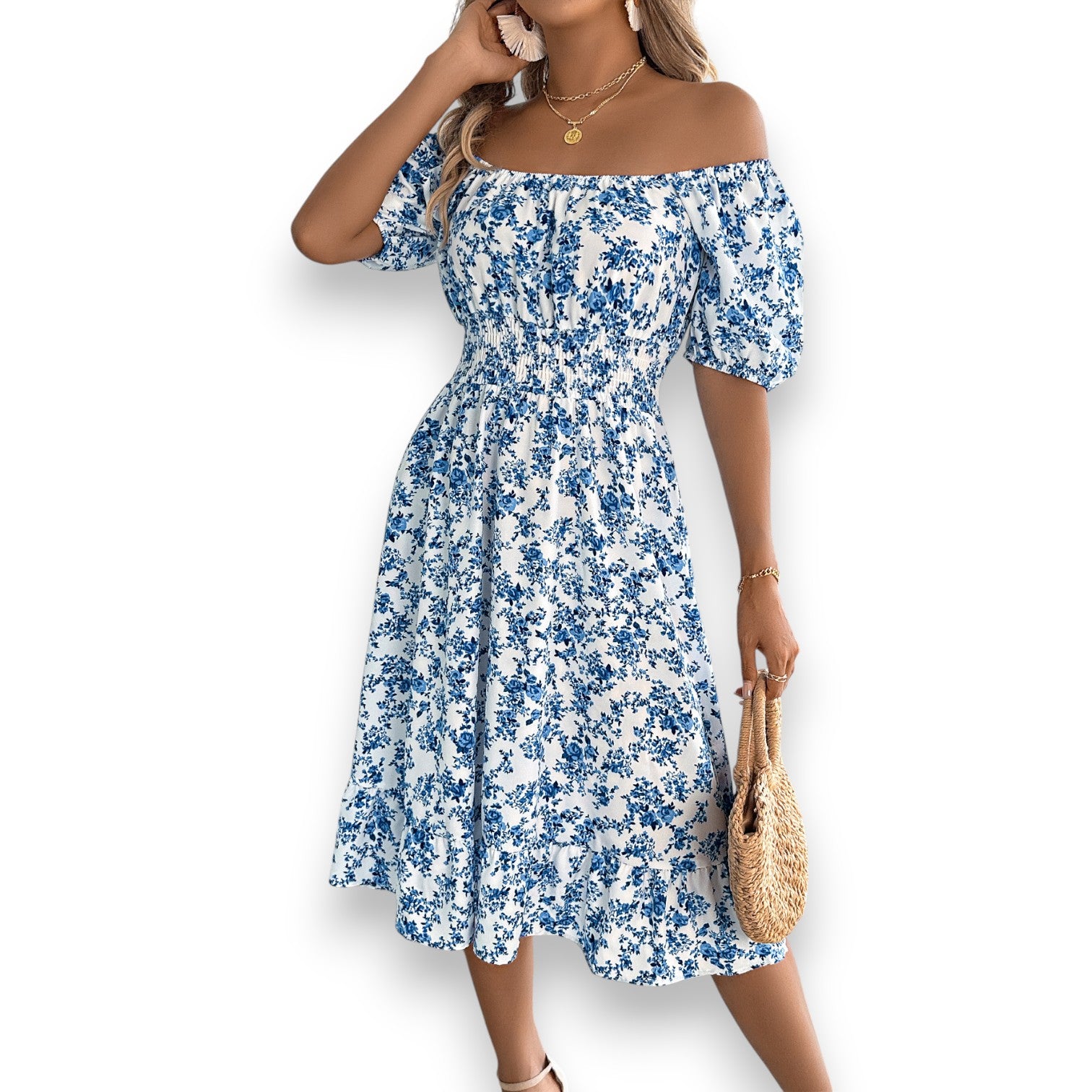 Vestido Floral con Cuello Cuadrado y Volantes