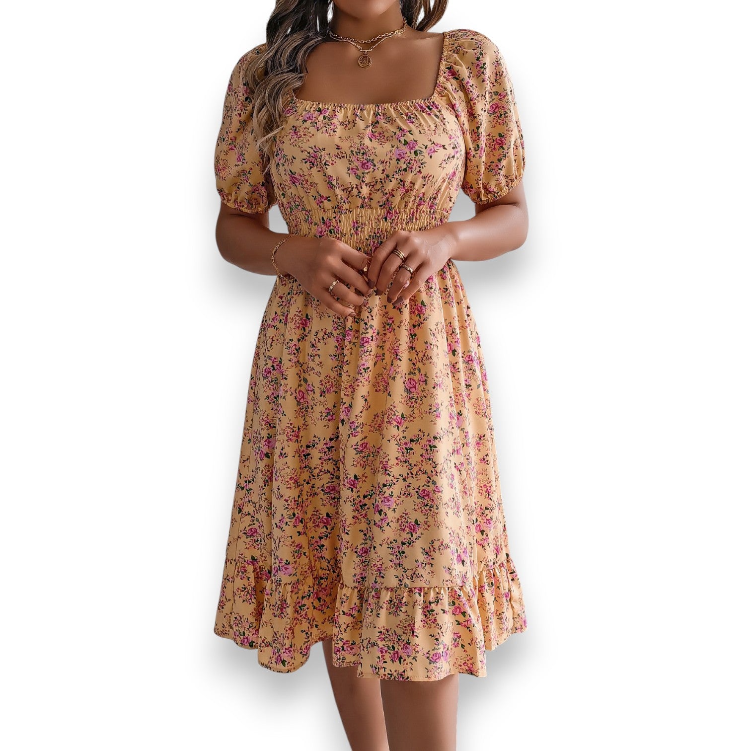Vestido Floral con Cuello Cuadrado y Volantes